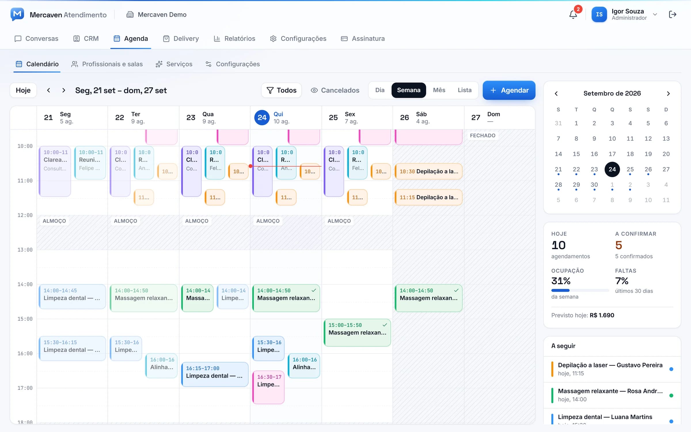 Agenda semanal do Mercaven com atendimentos por profissional