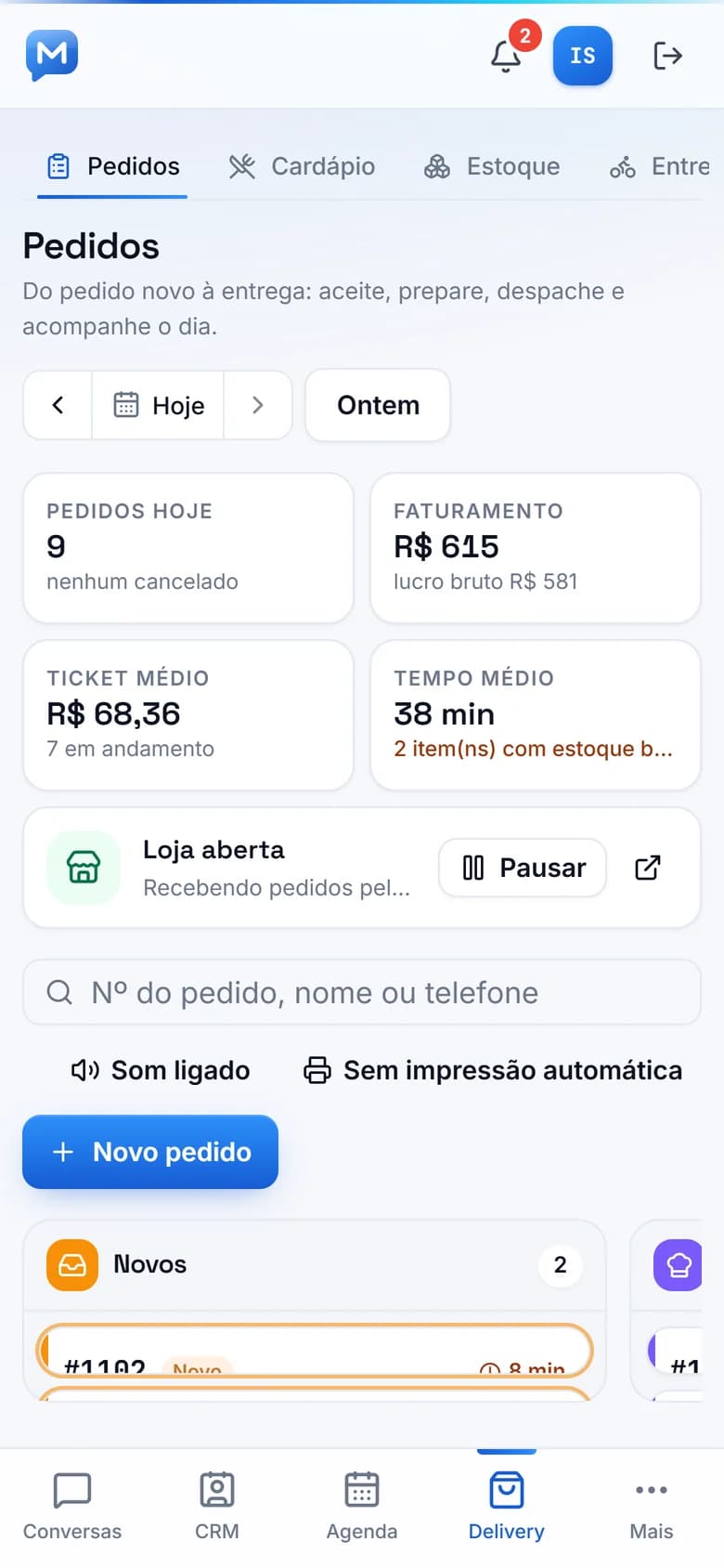 Quadro de pedidos do delivery no celular