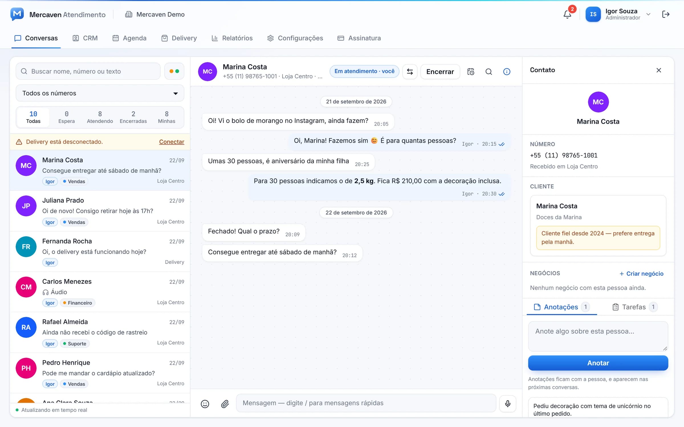 Tela de atendimento do Mercaven com a lista de conversas, o chat e a ficha do cliente